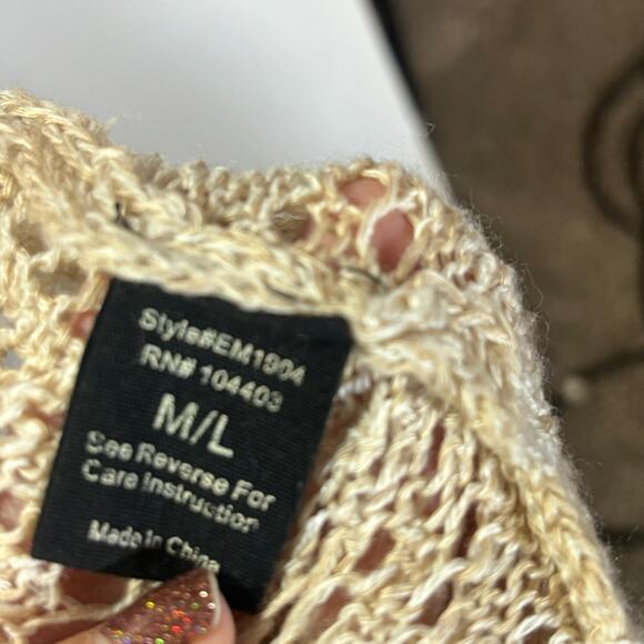 Miss Daisy M/L Beige Open Knit Boho Cardigan | Crochet Kimono Sweater Neutral - Picture 3 of 7